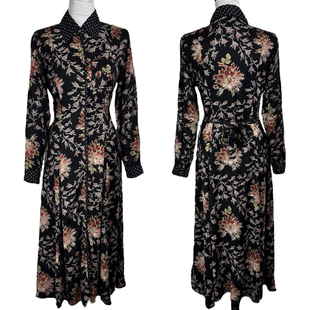 NWT Vintage Nostalgia Dark Floral Midi Shirt‎ Dress Small Boho Whimsy Fairy 90s